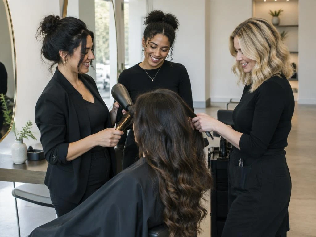 Illustrative salon team collaborating at a styling station